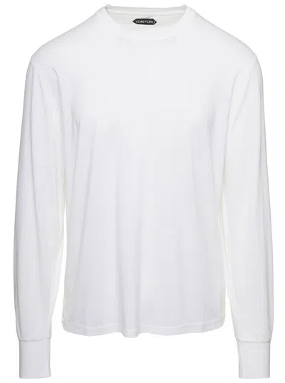 Tom Ford White Long-sleeved Basic T-shirt With Cuffs In Lyocell Blend Man
