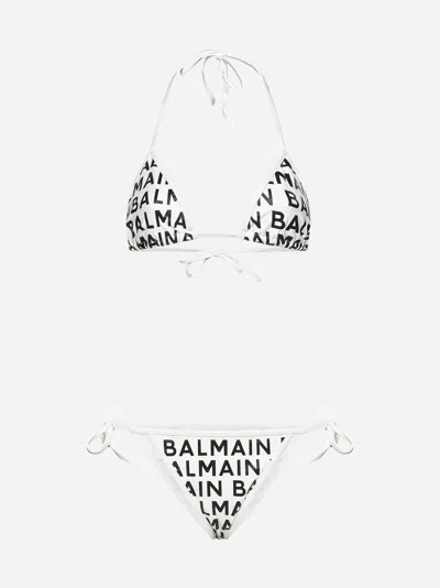 Balmain Logo-print Triangle Bikini Set In Ivory,black