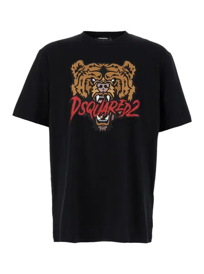Dsquared2 Black T-shirt With Bear Print In Cotton Man