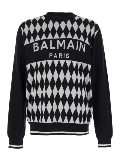 Balmain Diamond  Logo Jacquard Sweater In Black