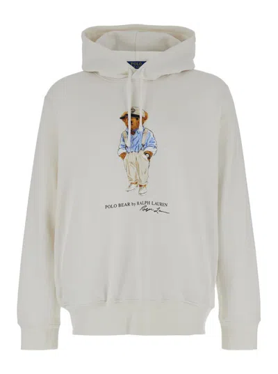 Polo Ralph Lauren White Hoodie With Bear Print In Cotton Blend Man