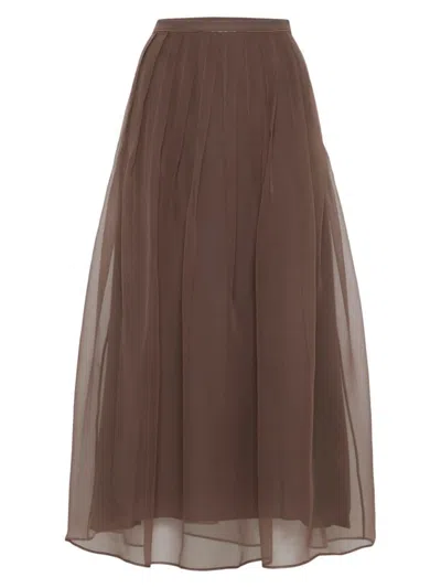 Brunello Cucinelli Pleated Silk Midi Skirt In Brown