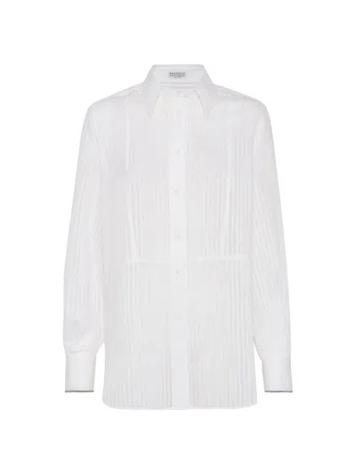 Brunello Cucinelli Striped Cotton-silk Shirt In White