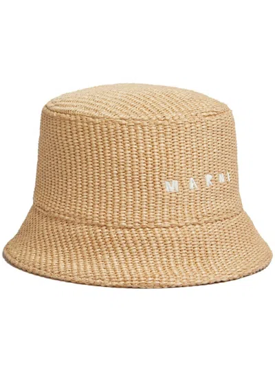 Marni Logo-embroidered Bucket Hat In Neutrals