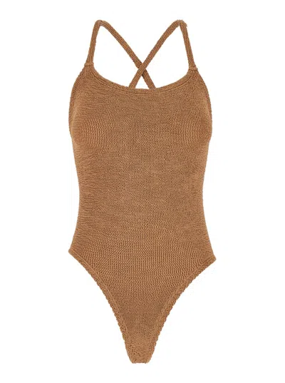 Hunza G 'bette' Brown One-piece Swimsuit With Crisscross Straps In Stretch Fabric Woman