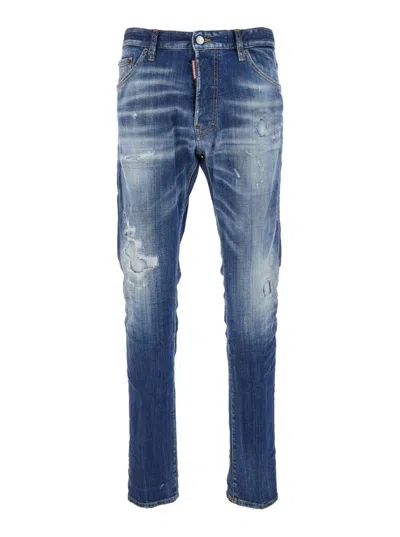 Dsquared2 'cool Guy' Blue Five-pocket Jeans With Logo Patch In Stretch Cotton Denim Man