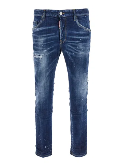 Dsquared2 'skater' Blue Skinny Jeans With Paint Stains In Stretch Cotton Denim Man