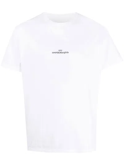 Maison Margiela Distorted-logo Cotton T-shirt In White/ Black Embroidery