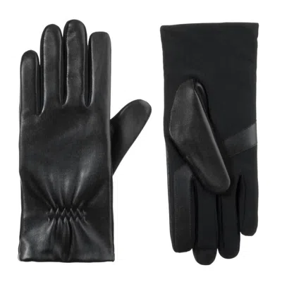 Isotoner Women's Stretch Leather With Gathered Wrist Gloves In Black