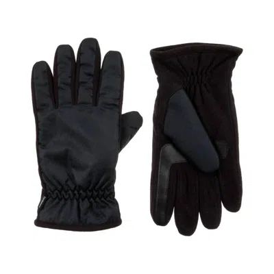 Isotoner Men's Nylon & Fleece Gloves With Gathered Wrist In Black