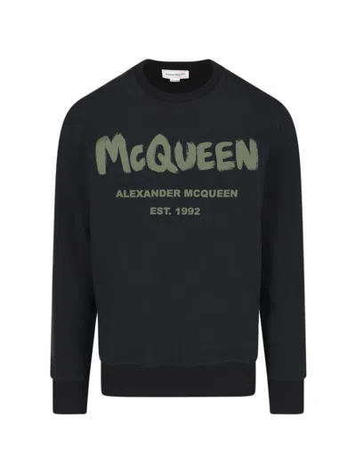 Alexander Mcqueen Logo Printed Crewneck Sweatshirt In Black/khaki
