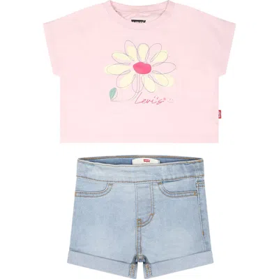 Levi's Babies' Floral-print Denim Shorts Set In Pink