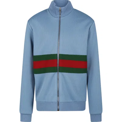 Gucci Kids' Web-stripe Zip-up Sweatshirt In Light Blue