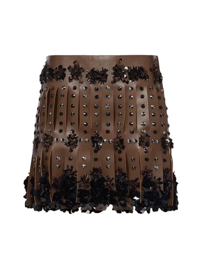 Prada Embroidered Nappa Leather Miniskirt In Brown