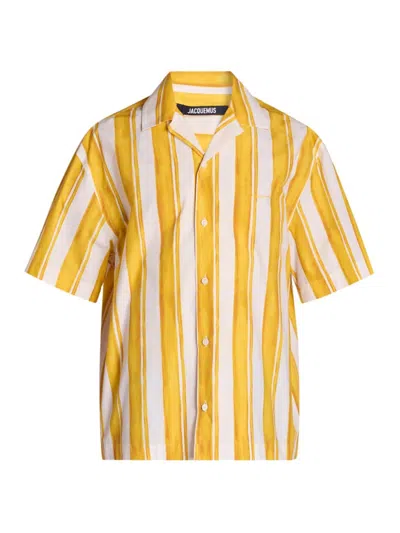 Jacquemus Men's Striped Cotton Camp Shirt In Yellow Ecru Stripe