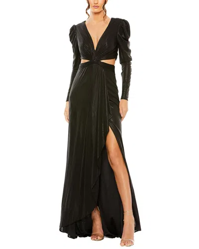 Mac Duggal Princess Sleeve Cut Out Metallic Gown In Black