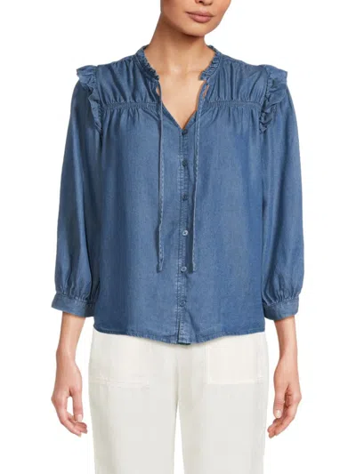 Saks Fifth Avenue Women's Long Flutter Sleeve Chambray Button Down Shirt In Medium Wash