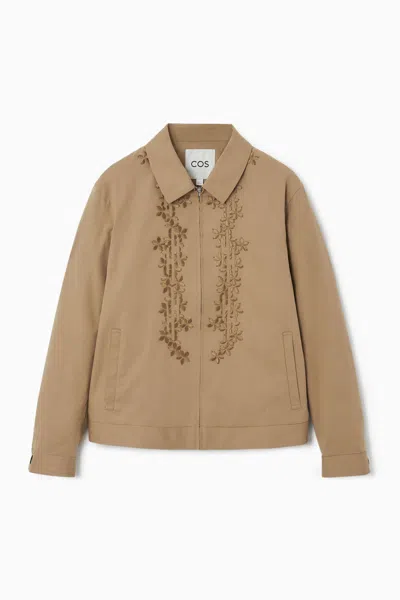 Cos Embroidered Floral Zip-up Overshirt In Beige