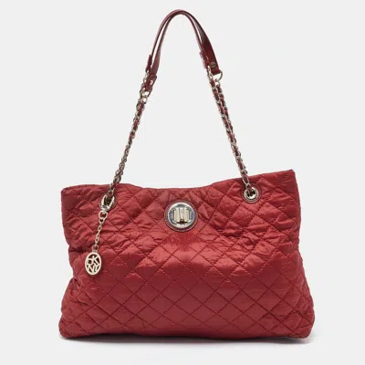 Pre-owned Dkny Red Quilted Nylon And Leather Logo Chain Tote