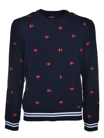 Dsquared2 Trees Embroidered Slub Wool Knit Sweater In Navy