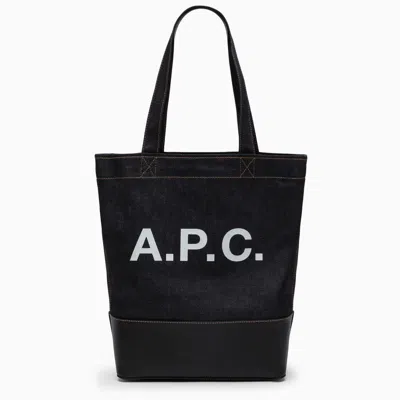 Apc Blue Denim Tote Handbag For Men With Contrasting Logo And Leather Detail In Black