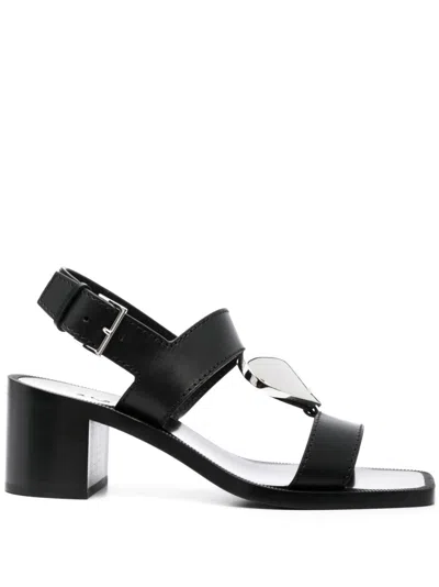 Alaïa Black Leather Sandals With Heart Charm And Block Heel