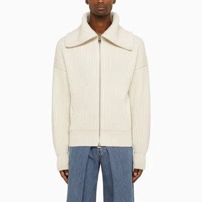 Alexander Mcqueen Ivory Ribbed Cardigan In Wool And Cashmere In White