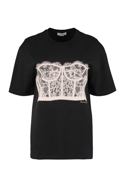Alexander Mcqueen Black Printed Short Sleeve T-shirt For Women