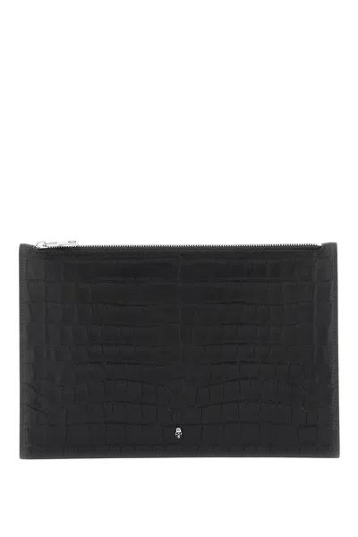 Alexander Mcqueen Croco-embossed Leather Flat Pouch Handbag For Men In Black For Fw23 In Brown