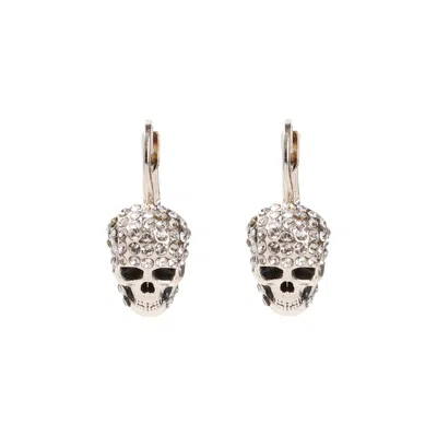 Alexander Mcqueen Crystal-embellished Skull Earrings In Gold Tone And Raffia In Silver