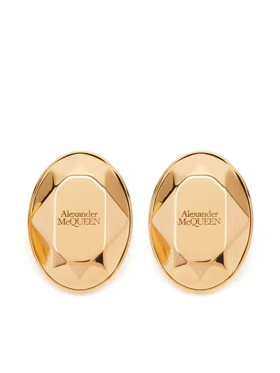 Alexander Mcqueen Faceted Stone Stud Earrings | Gold-tone Brass Skull Appliqué Logo | Fw23 | Women's Fashion Jewelry