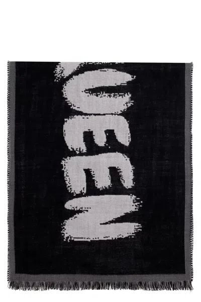 Alexander Mcqueen Men's Oversized Graffiti Scarf In Double-layer Wool In Black