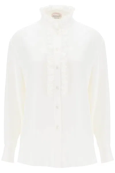 Alexander Mcqueen Silk Satin Shirt With Ruffles In White