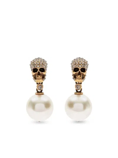 Alexander Mcqueen Silver Pearl Skull Earrings