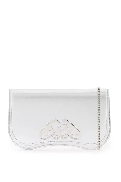 Alexander Mcqueen Sleek And Stylish Silver Laminated Leather Crossbody Pouch For Women In Grey