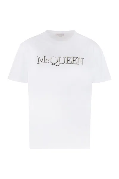 Alexander Mcqueen White Cotton T-shirt With Ribbed Neckline For Men