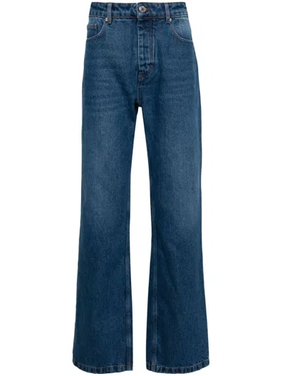 Ami Alexandre Mattiussi Indigo Blue Straight Fit Denim Jeans For Men With Signature Monogram Detail In Navy