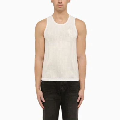 Amiri Men's Sand-colored Cotton And Linen Tank Top With Jacquard Work And Embroidery In White