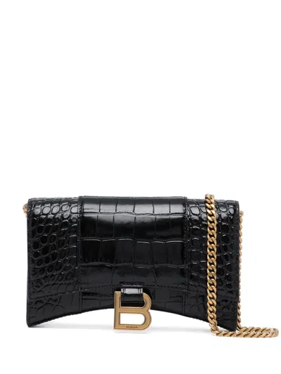 Balenciaga Hourglass Crocodile-effect Chain Wallet In Black