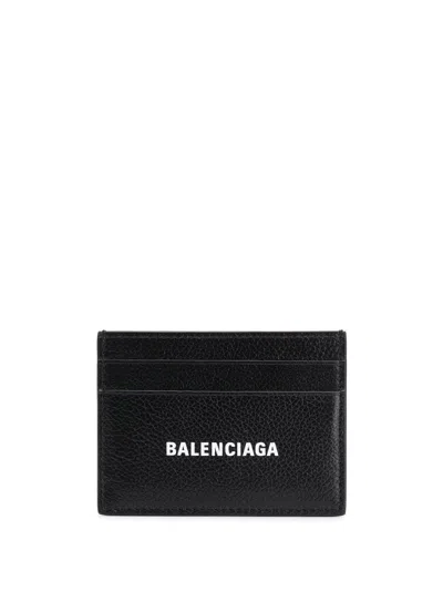 Balenciaga Black Grained Calfskin Cash Cardholder With White Logo Print
