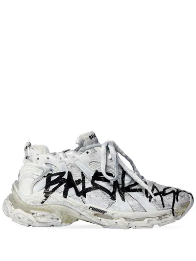 Balenciaga White Low-top Mesh Sneakers With Graffiti Print For Men