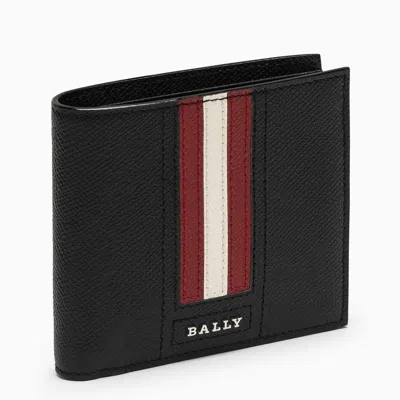 Bally Black Leather Bifold Wallet With Metal Logo And Stripes