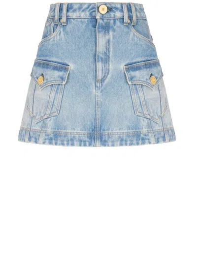Balmain Washed-out Denim Miniskirt In Blue