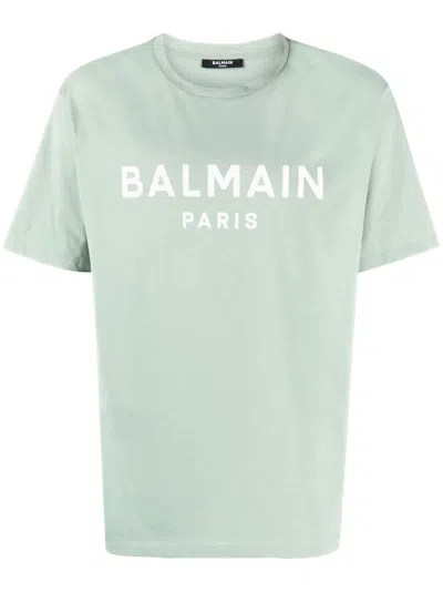 Balmain Aqua-green Cotton T-shirt With Contrast Printed Front And Crew Neck