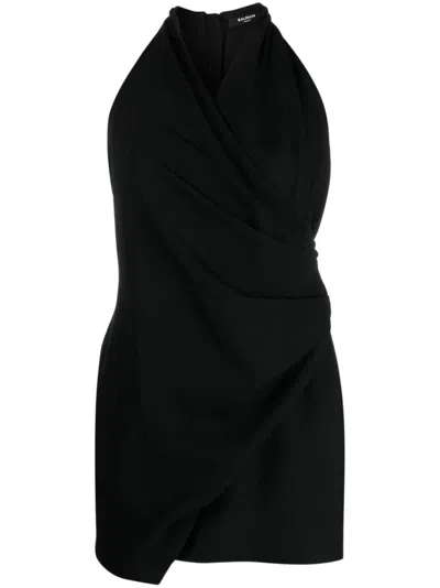 Balmain Halterneck Draped Mini Dress In Noir
