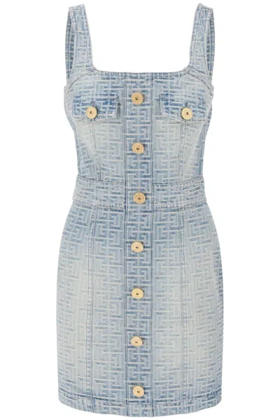 Balmain Blue Jacquard Monogram Denim Mini Dress For Women