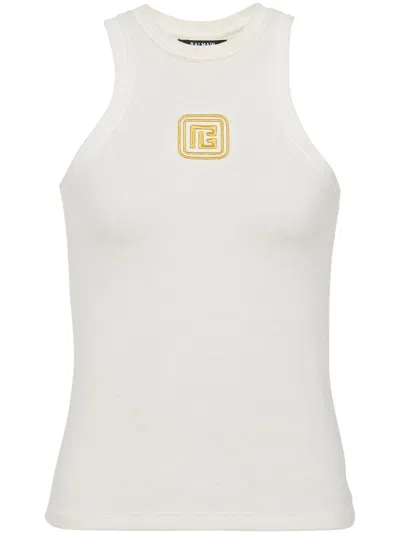 Balmain Cream And Gold Embroidered Tank Top In Creamgold