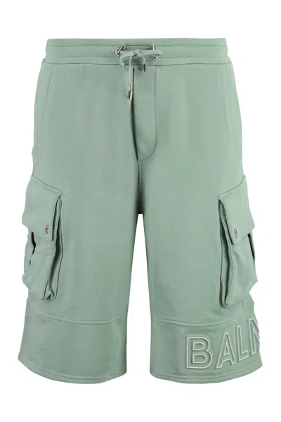 Balmain Embossed-logo Cotton Bermuda Shorts In Green