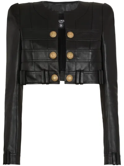 Balmain Collarless Cropped Leather Jacket In Black