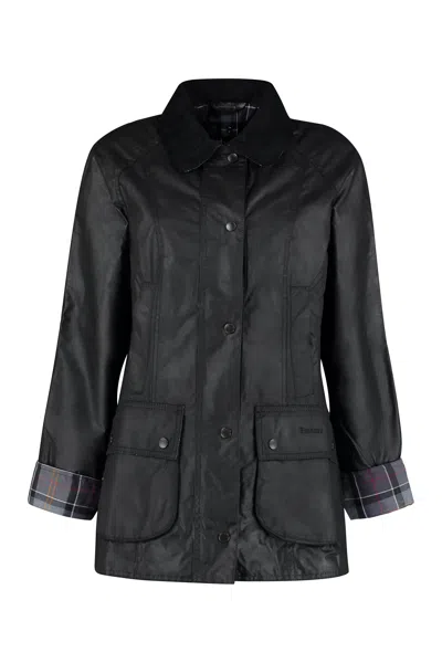 Barbour Black Coated Cotton Jacket For Women With Corduroy Collar And Check Lining